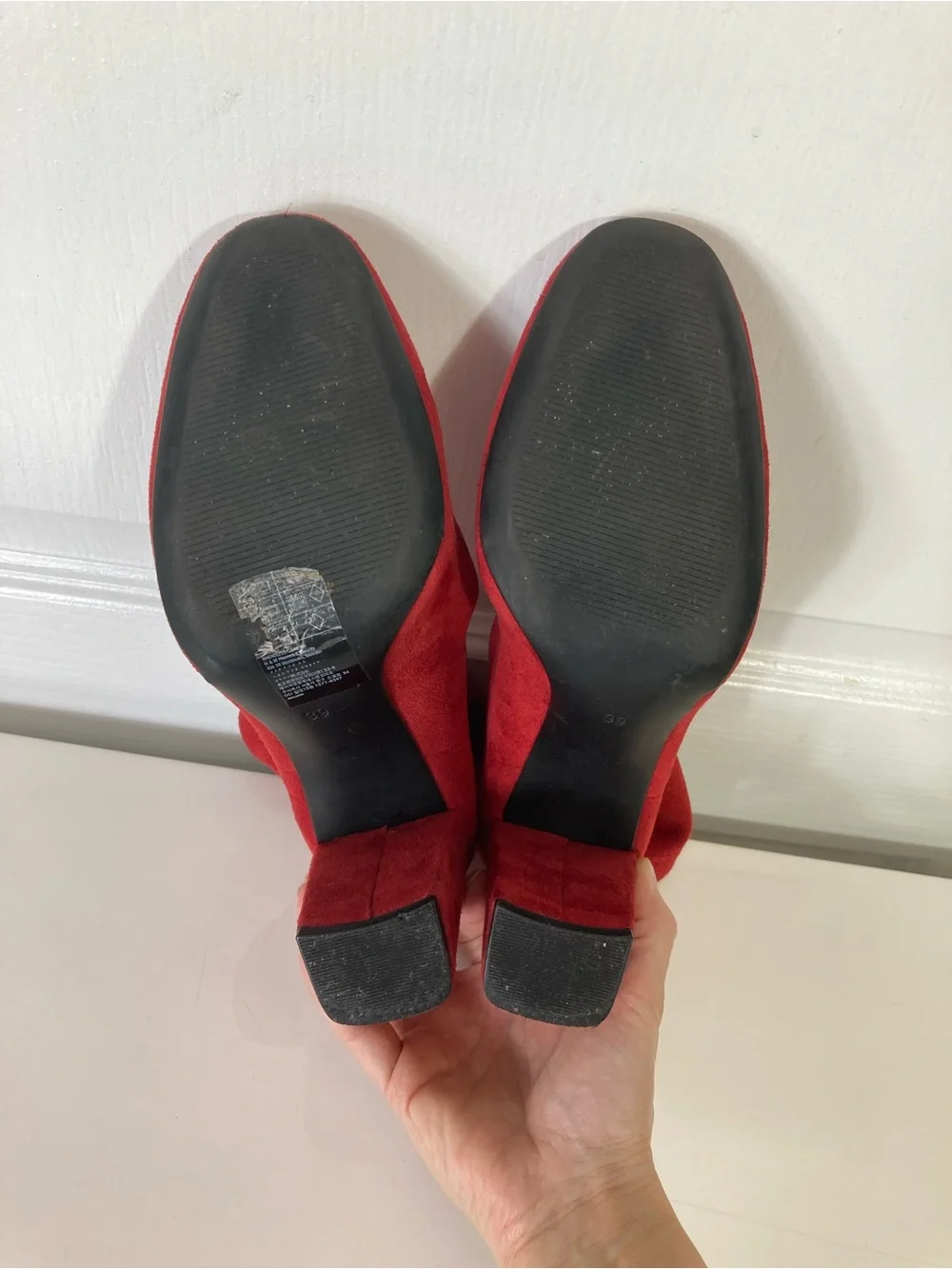 H&M Boots 39/US 9 Red Faux-Suede Ankle Stack Block-Heel